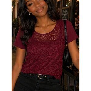 Banana Republic Burgundy Leopard Lace Burnout Blouse Petite Small